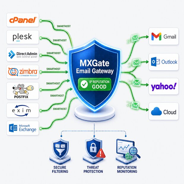 cPanel, Plesk, DirectAdmin, Zimbra, Postfix, Exim ve Exchange sunucularından gelen e-postaların MXGate Email Gateway üzerinden yüksek itibarlı IP'lerden Gmail, Outlook, Yahoo ve Cloud'a iletilmesi