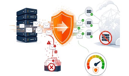 A mail server connecting to MXGate through its smarthost setting, with risky sending blocked and IP reputation monitored